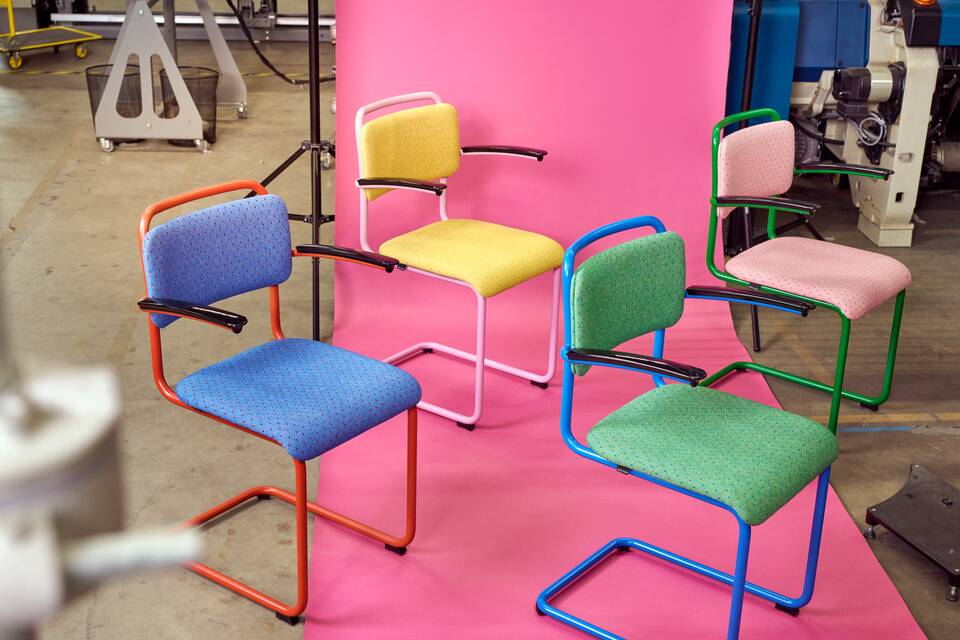 Gispen Classics 201 chairs with limited edition upholstered seats and backs zoomed in front left view