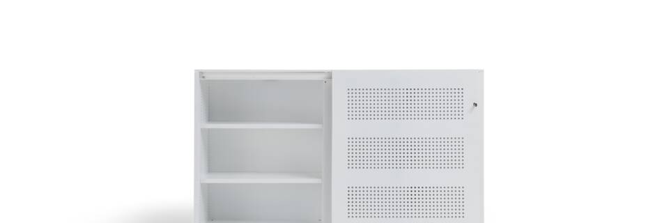 Gispen SDK sliding door cabinet mid in white with square perforation and left door open front view