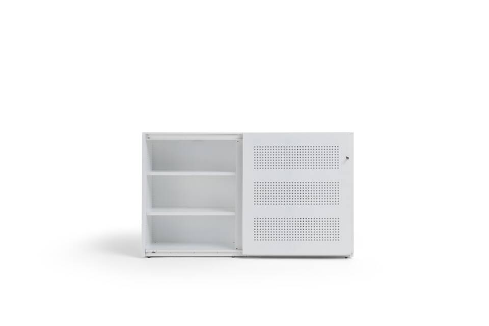 Gispen SDK sliding door cabinet mid in white with square perforation and left door open front view