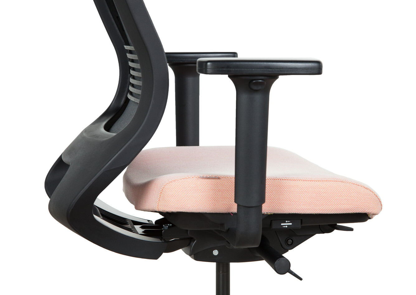 Royal Ahrend Prime office chair upholstered seat in pink and black back left side detail view