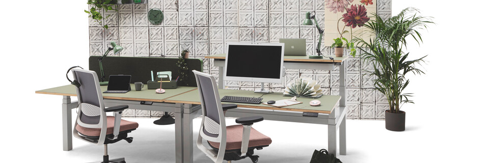 Gispen TMNL dual workstations 3 stage sit stand in light grey with green tops and green screen with Zinn office chairs in front of backpanel front right view