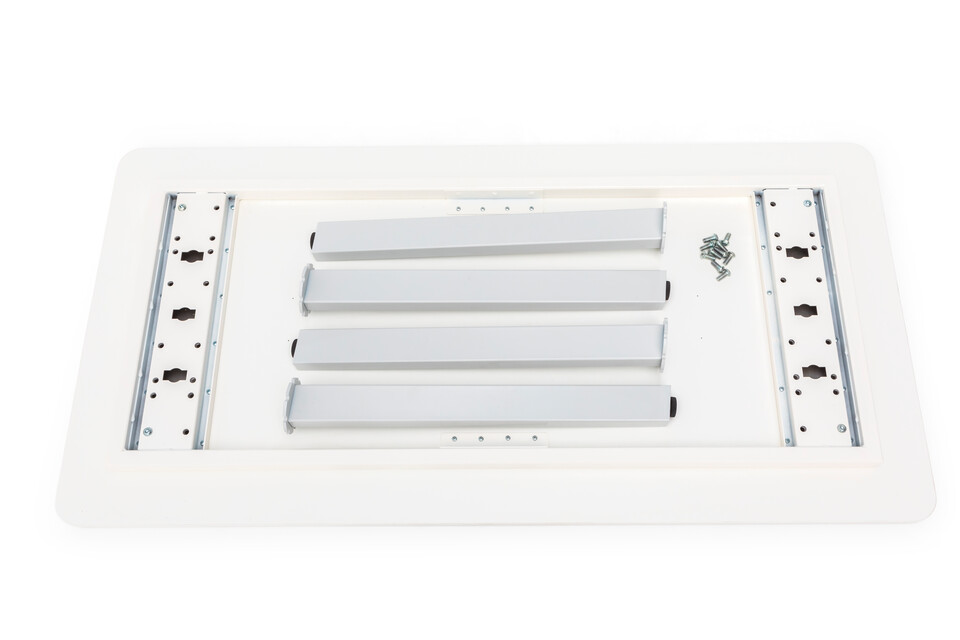 Gispen TEAM Classic conference table with white legs and frame and tabletop flat packed front bottm view