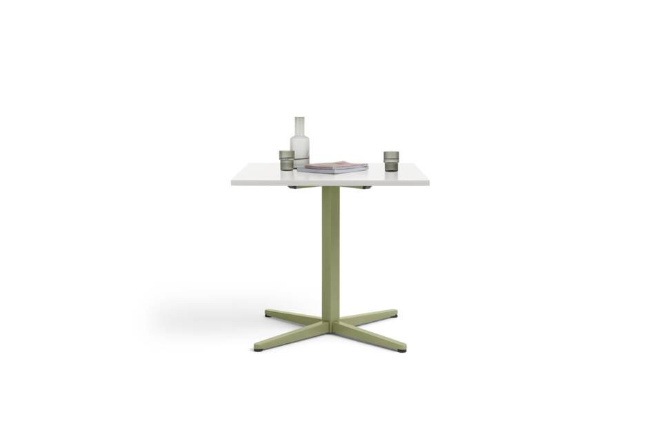 Gispen KOLM Column square table with green No Waste base and white tabletop with styling front view