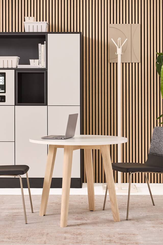 Techo Hyll Smart locker in grey with Fount table with Triennial Classic chair upholsterd in black and white Alva coatstand styled front view