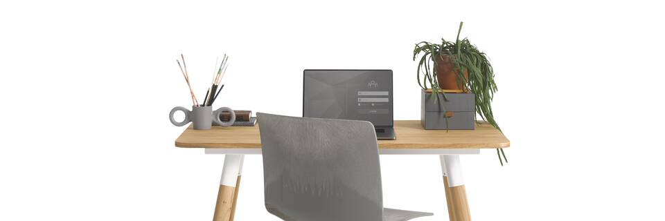 Gispen TEAM Wood round table with oak legs and tabletop and grey Nomi Work chair styled front view