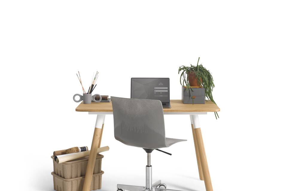 Gispen TEAM Wood round table with oak legs and tabletop and grey Nomi Work chair styled front view