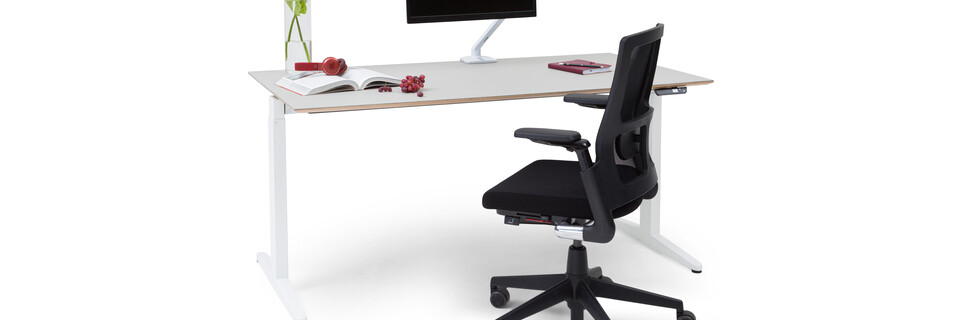 Royal Ahrend Balance folding desk with white frame and grey tabletop with black upholstered 2020 Verta office chair front left view