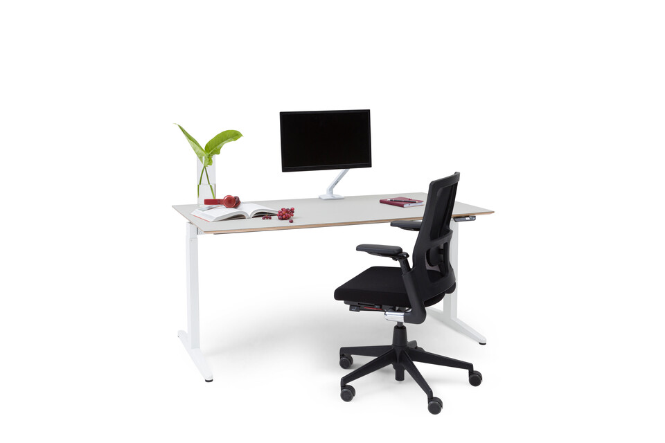 Royal Ahrend Balance folding desk with white frame and grey tabletop with black upholstered 2020 Verta office chair front left view