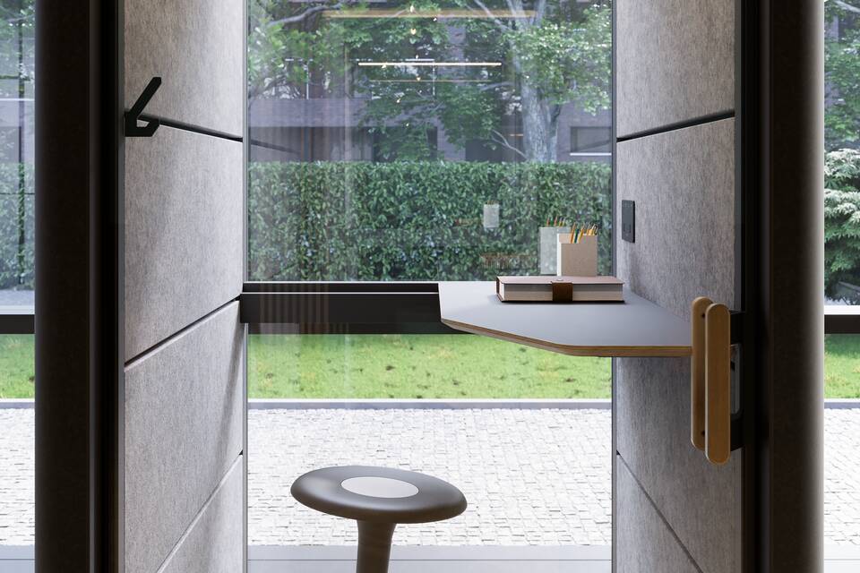 Cerene Call, Swaye Royal Ahrend Cerene Call office pod interior view with black Swaye stand aid in office space
