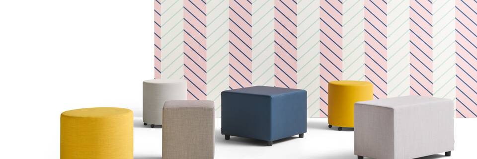 Gispen Asido poufs collection in different colours and shapes with backpanel front view