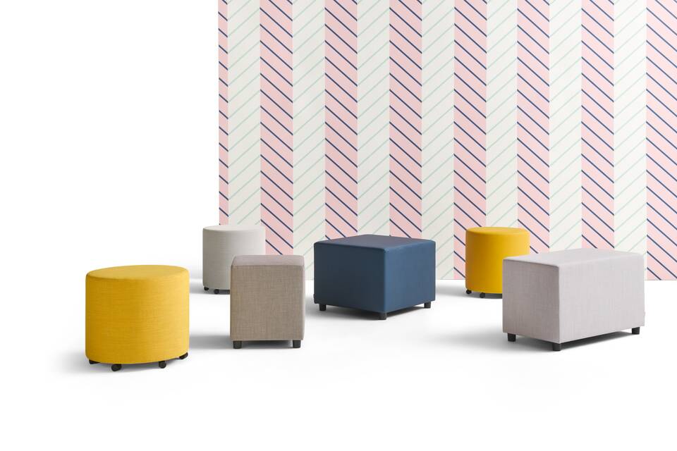 Gispen Asido poufs collection in different colours and shapes with backpanel front view
