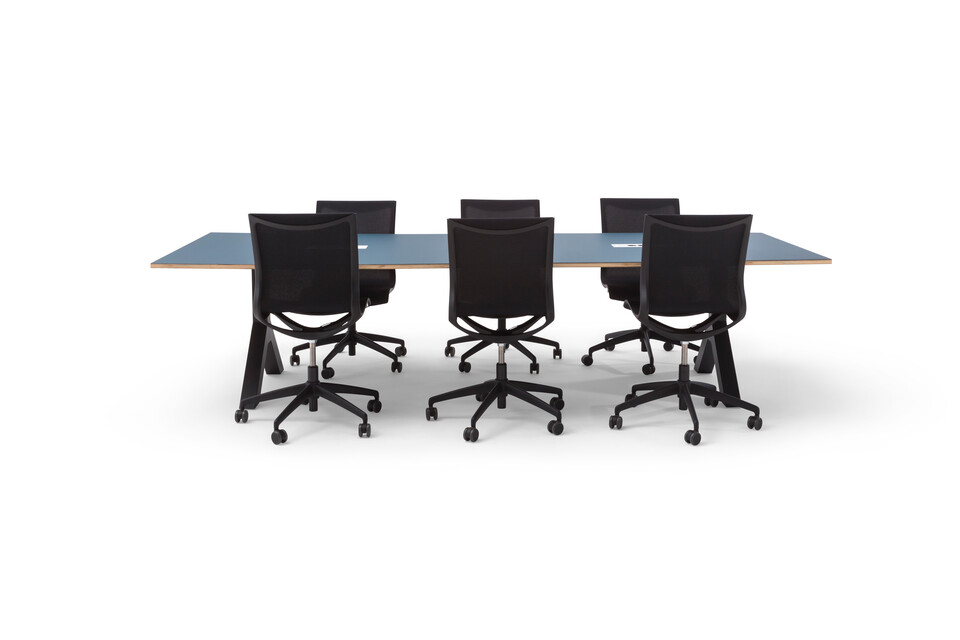 Gispen TEAM Design conference table with anthracite legs and frame with blue tabletop and black Turn chairs front view