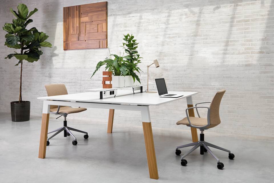 Techo Fount dual workstation with white wood steel frame and white top with planter on accessory rail and beige upholstered Well chairs front left view