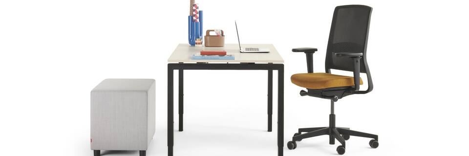 Gispen IC table in black with beech tabletop and ZINN office chair with grey Asido pouf left side view