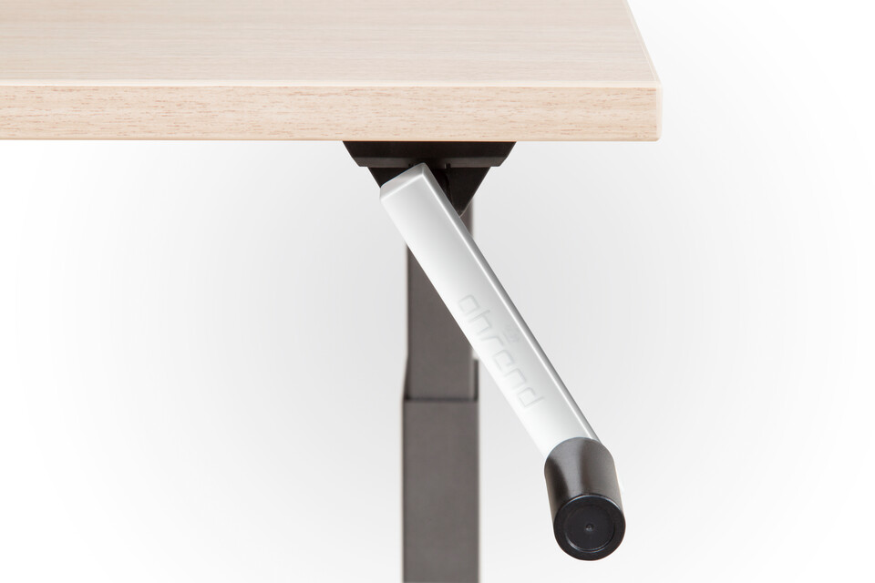 Royal Ahrend Balance workstation in grey with oak worktop and crank handle front view