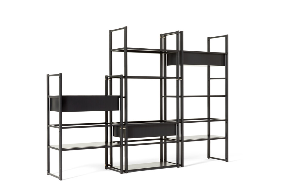Gispen CIMO shelving unit in black with planters front left view