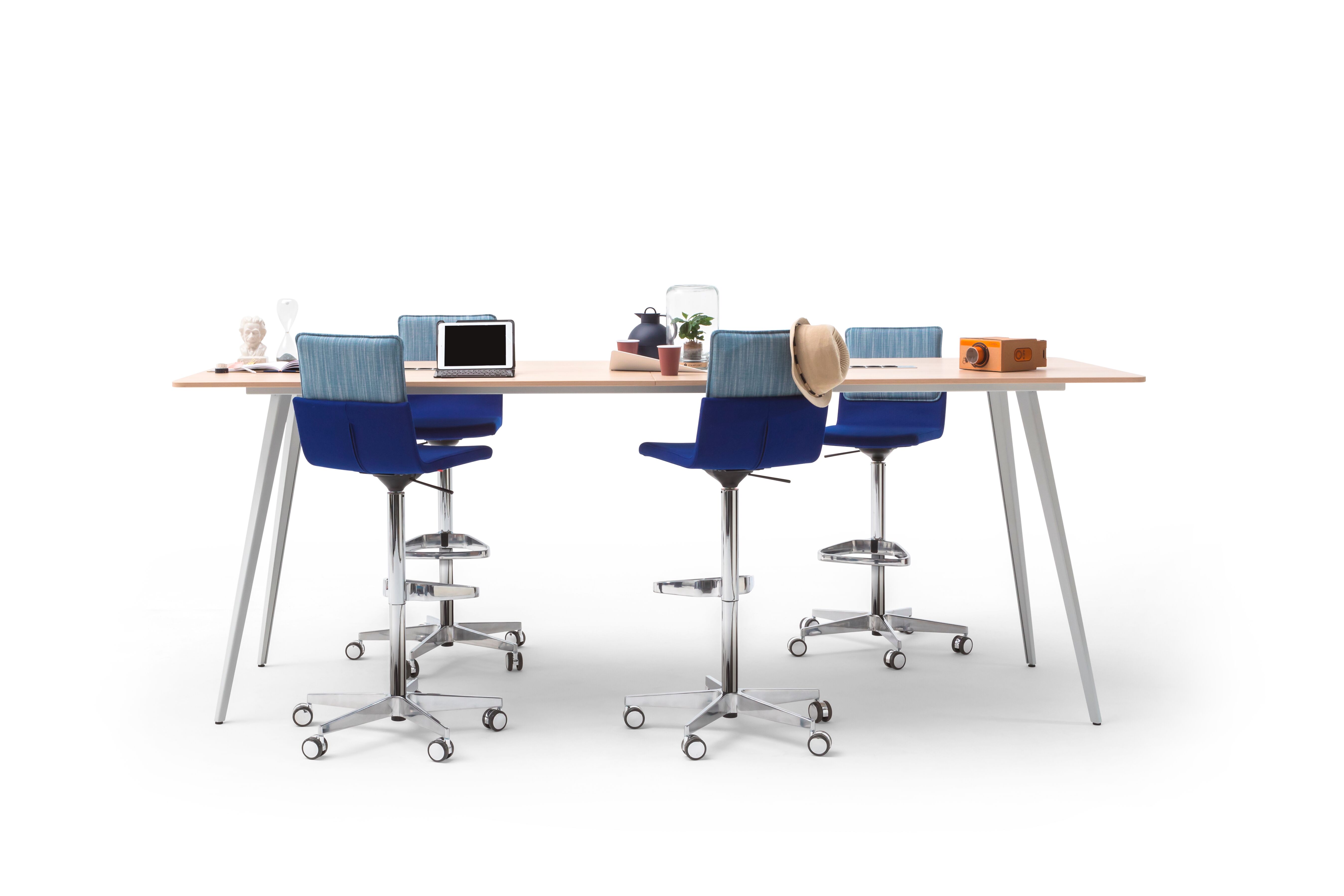 Gispen TEAM Classic narrow high conference table with grey legs and frame with birch tabletop and blue Triennial Work High chairs styled front view