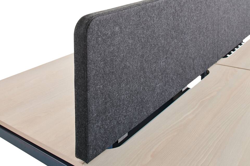 Gispen IC bench in blue with beech sliding tabletop and recess closed front left detail view