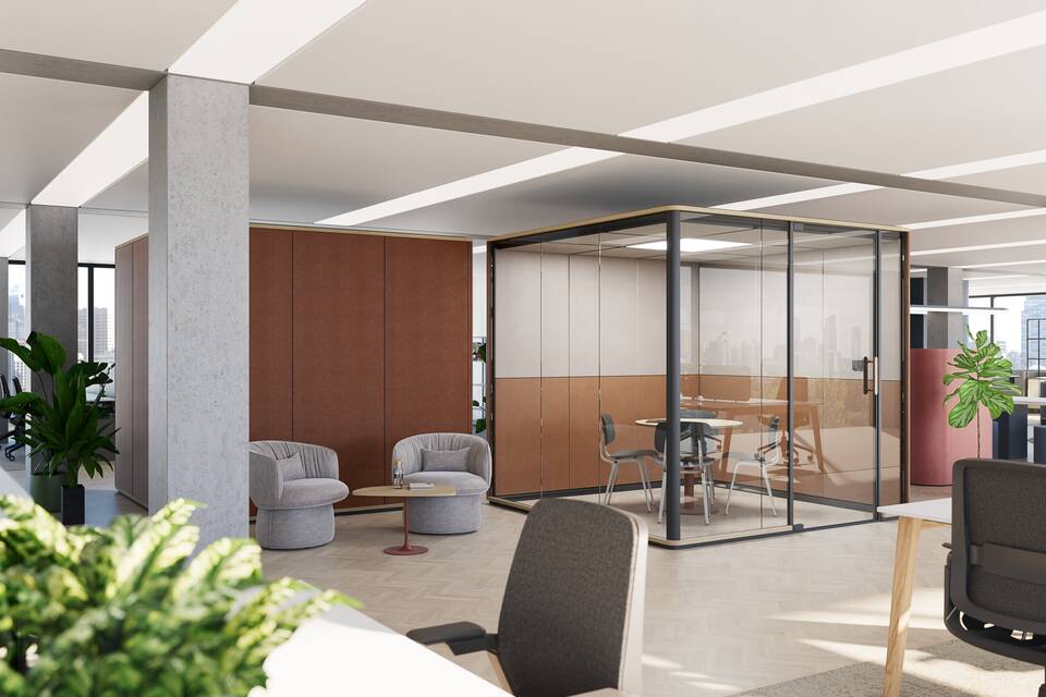 Royal Ahrend Zoniq office pod in anthracie and upholstered in orange with red Cross table and blue beige Revolt chair in office setting interior view