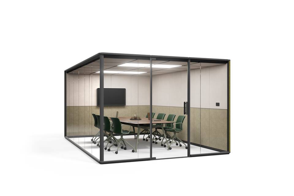 Royal Ahrend Zoniq office pod in anthracie and upholstered in green with monitor and 1200 conference table with green well chairs front left view