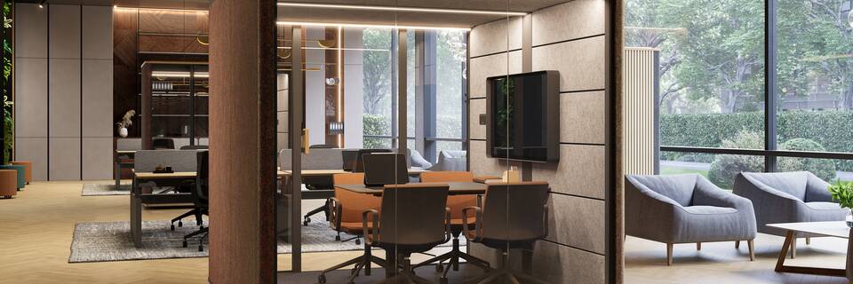 Cerene Meet Connect low, Well Royal Ahrend Cerene Chat Connect low office pod with brown upholstered sides with grey Well chairs with orange upholstery in office space