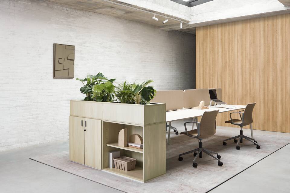 Techo Hyll cabinet in white beech with planter and white fount bench with beige upholstered Well chairs front right view