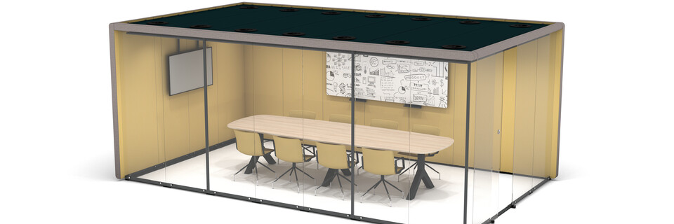 Gispen MOXX space in space 4 by 7 panels upholstered in grey and yellow with sliding door and Team Design table and Nomi Work chairs front right view