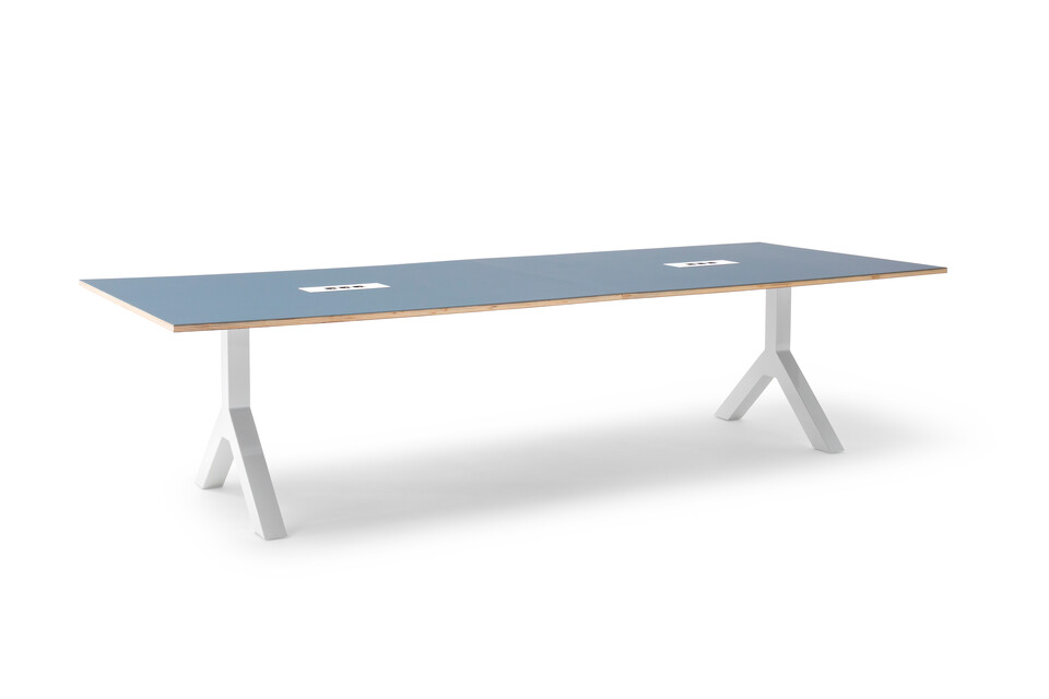 Gispen TEAM Design conference table with white legs and frame with blue tabletop front left view