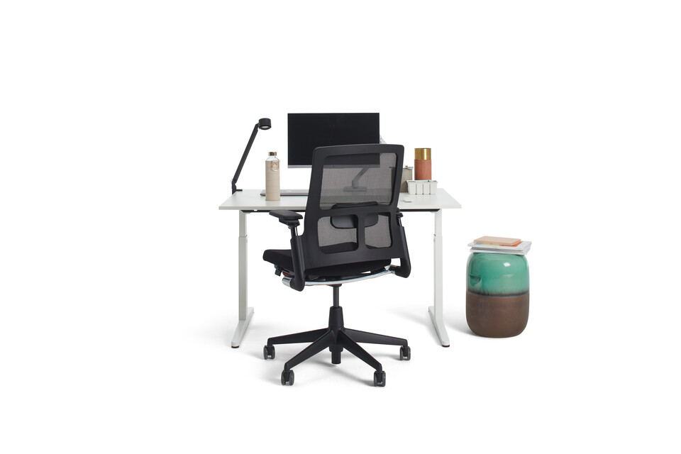 Ahrend Home HI desk in white with white tabletop and black A2020 Verta office chair with styling front view