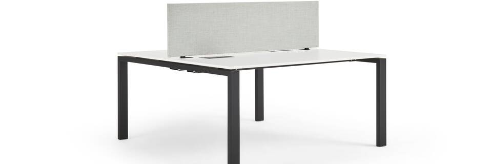 Gispen IC dual workstation in black with white tabletop and green table screen front left view