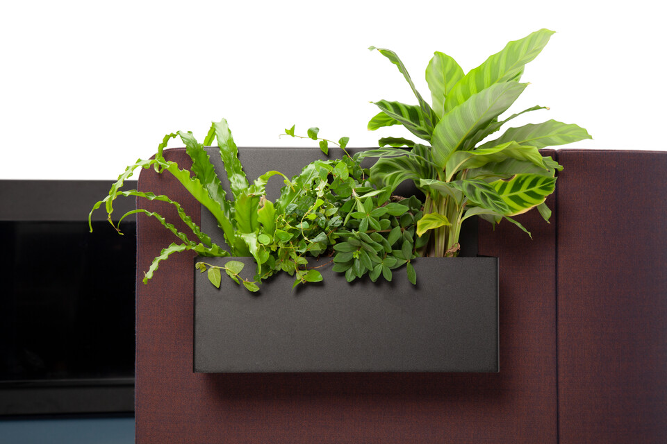 Gispen HUGG Duo couch XL upholstered in blue with black planter front detail view