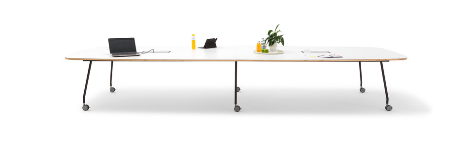 Gispen TEAM Project wheels conference table with black legs and frame with white tabletop styled front view