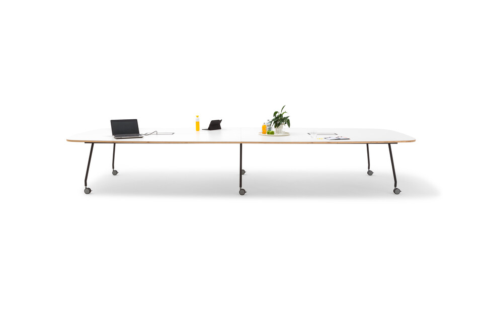 Gispen TEAM Project wheels conference table with black legs and frame with white tabletop styled front view