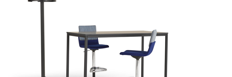 Gispen UT square 4 leg high table in black with black tabletop and castors on one side with NOMI Work high chairs front left view