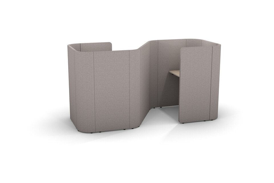 Gispen HUGG Duo desk S upholstered in grey with oak tabletop front left view