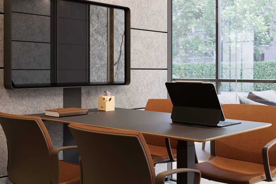 Cerene Meet Connect low, Well Royal Ahrend Cerene Meet Connect low office pod interior view with grey Well chairs with orange upholstery in office space