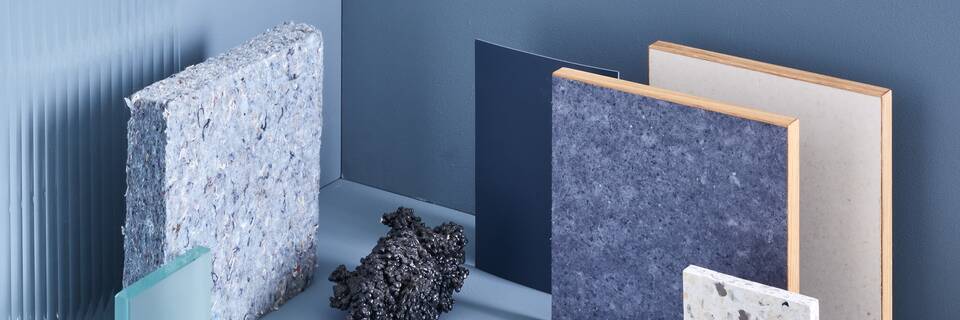 Ahrend moodboard of sustaianable materials in blue front left view