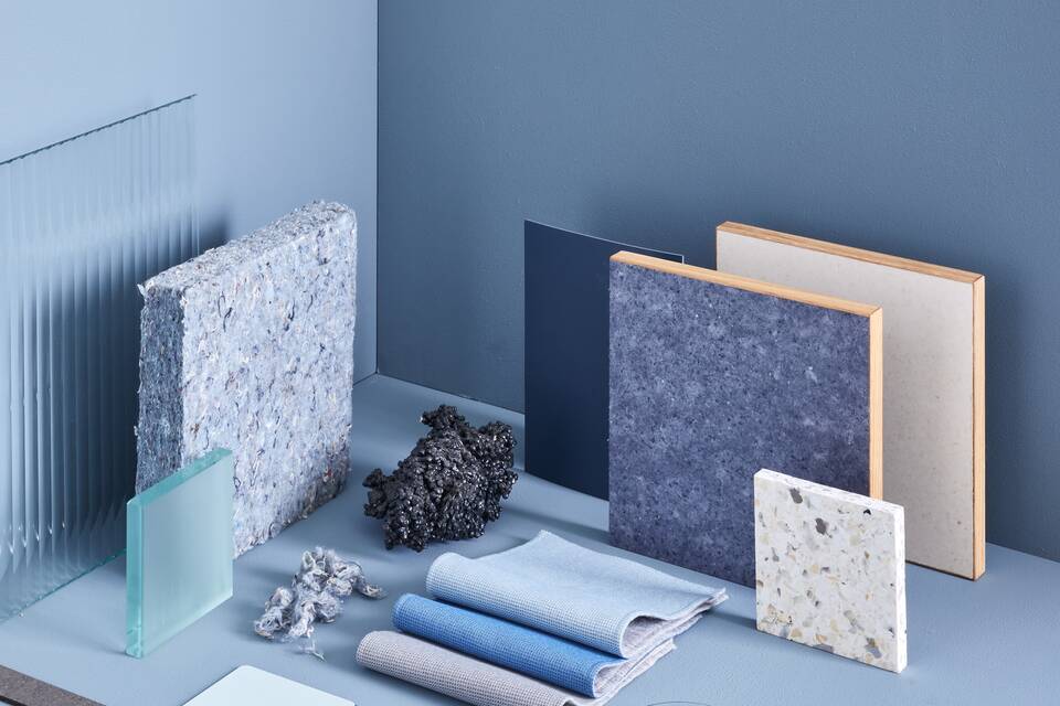 Ahrend moodboard of sustaianable materials in blue front left view