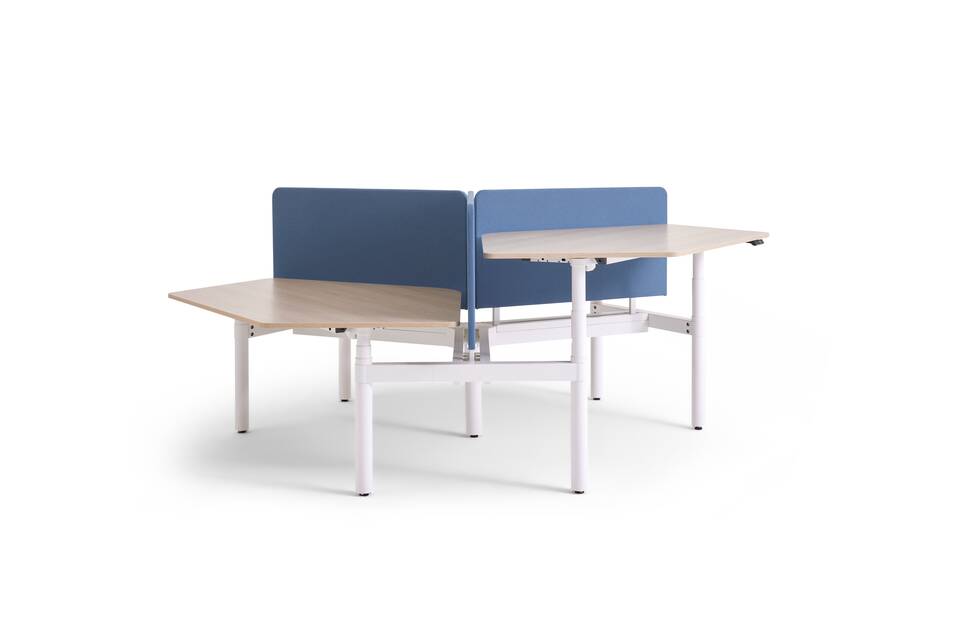 Gispen TMNL Round sit stand trio workstation in white with oak tabletop with one tabletop in stand height and blue S25 screens front view