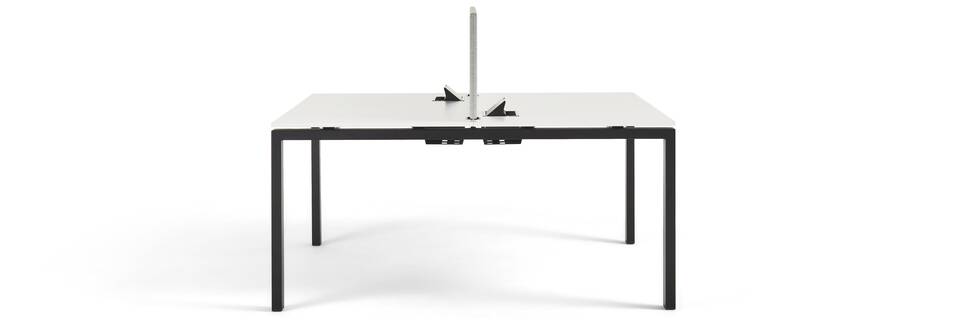 Gispen IC dual workstation in black with white tabletop and green table screen with cubby open side view