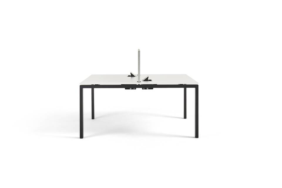 Gispen IC dual workstation in black with white tabletop and green table screen with cubby open side view