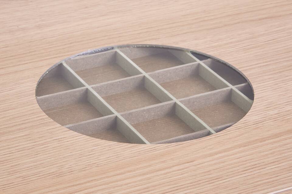 Ahrend oak tabletop with cutout showing Greengridz interior front top left detail view