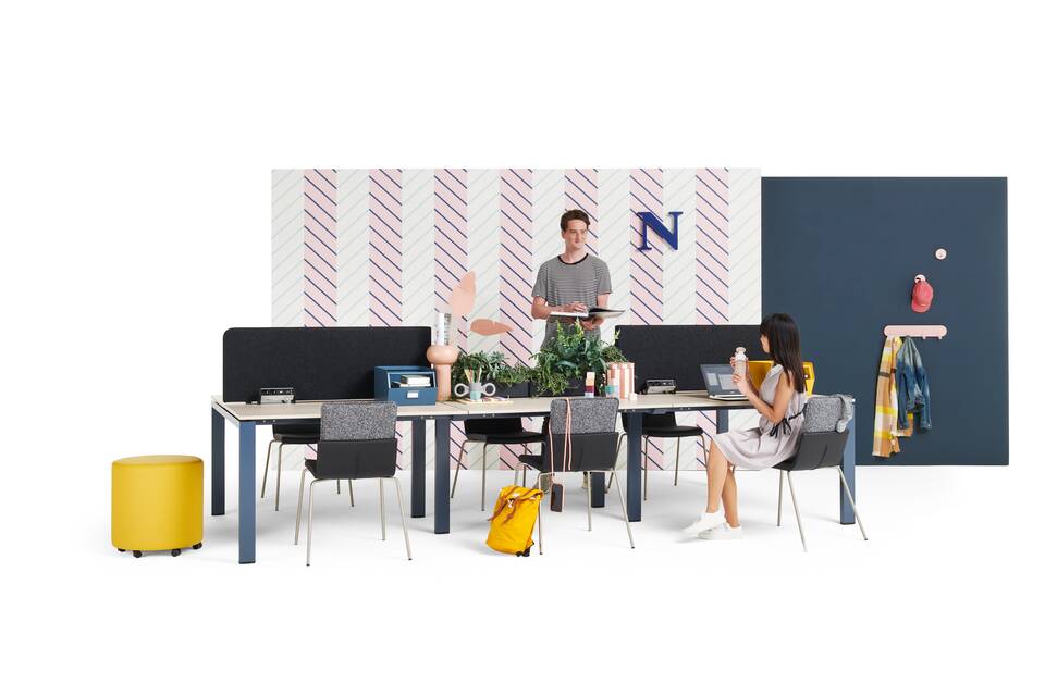 Gispen IC bench in blue with beech tabletop and Triennical Classic with yellow Asido pouf and models and backpanels front left view