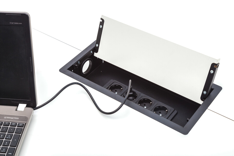 Gispen TEAM conference table with white tabletop and wooden Plug n Store open with 4 position powerstrip front top view