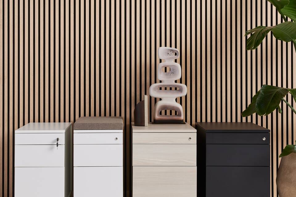 Hyll Techo Hyll Pedestals narrow and wide in white grey beech and black with brown seat cushion styled front view