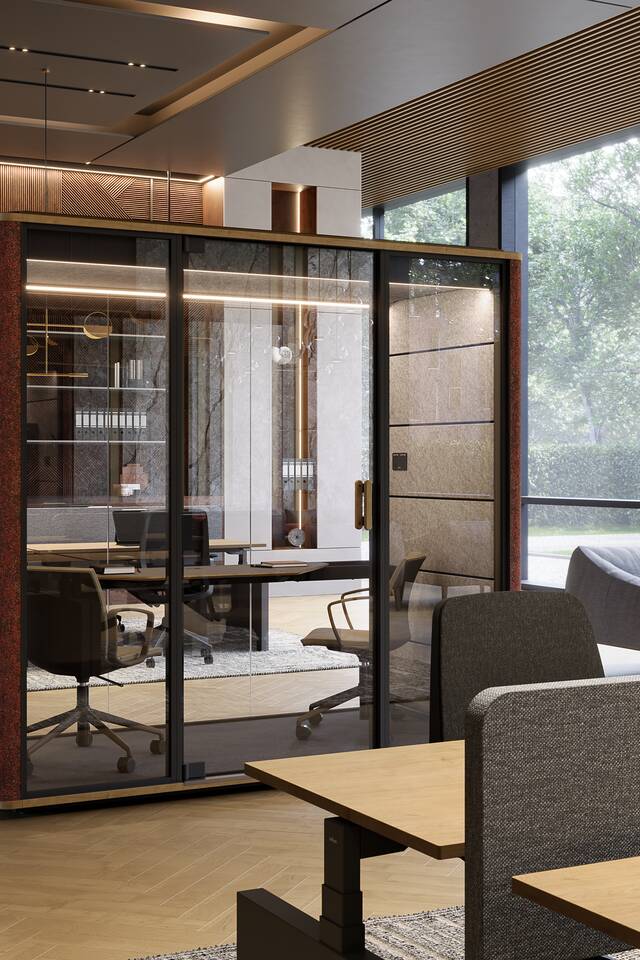 Royal Ahrend Cerene Chat Connect low office pod with brown upholstered sides with grey Well chairs with beige upholstery in office space