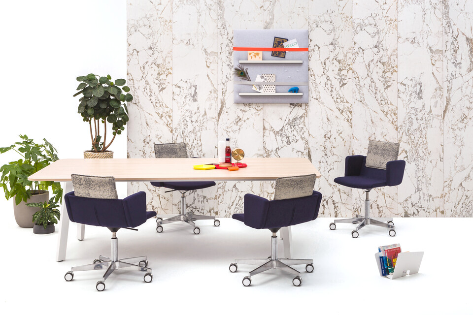 Gispen TM Conference table with Triennial Works chairs in front of marble backpanel front view