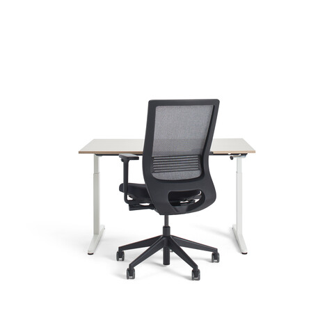 Ahrend Home HVM desk in white with oak tabletop and black Prime office chair front view