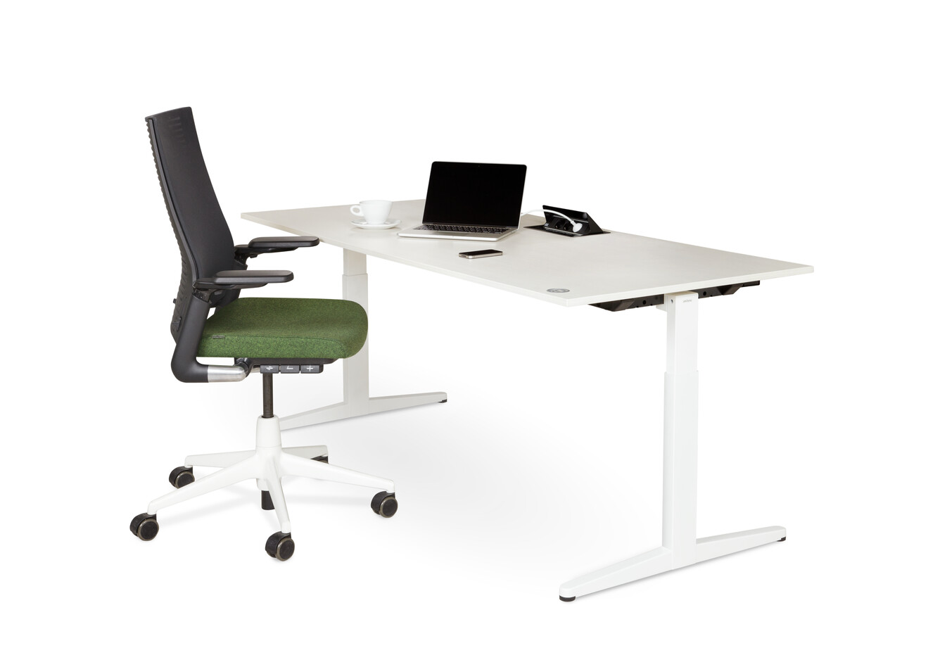 Royal Ahrend Balance workstation in white with grey maple worktop with black and green 2020 office chair front right view