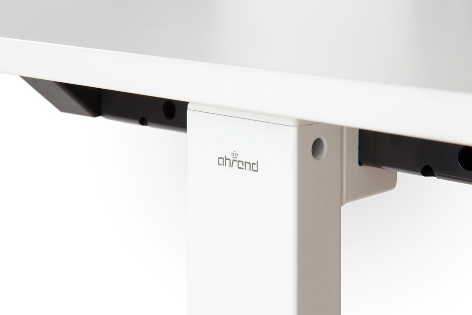 Royal Ahrend Balance dual workstation in white with ahrend logo on leg front left detail view